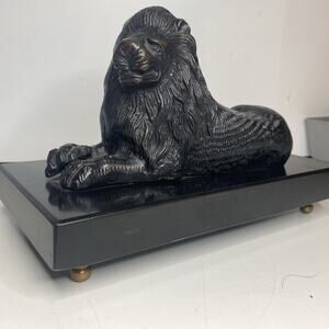 Antique Bronze Edwardian Lion on Footed Black Marble Base Belgian